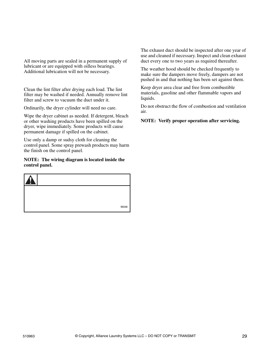 Maintenance, User-maintenance instructions, Lubrication care of your dryer exhaust system | Caution | Alliance Laundry Systems D715I User Manual | Page 31 / 34