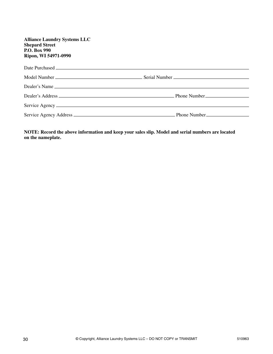 Information for handy reference | Alliance Laundry Systems D715I User Manual | Page 32 / 34