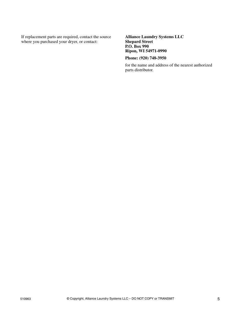 Replacement parts | Alliance Laundry Systems D715I User Manual | Page 7 / 34