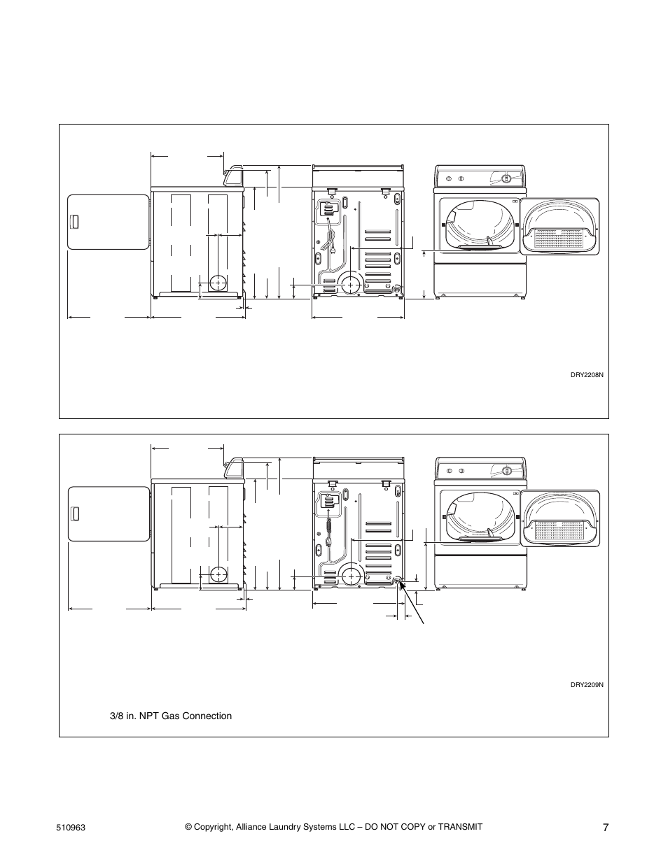 Installation, Dimensions and specifications, Electric dryers | Gas dryers, With leveling legs turned into base | Alliance Laundry Systems D715I User Manual | Page 9 / 34