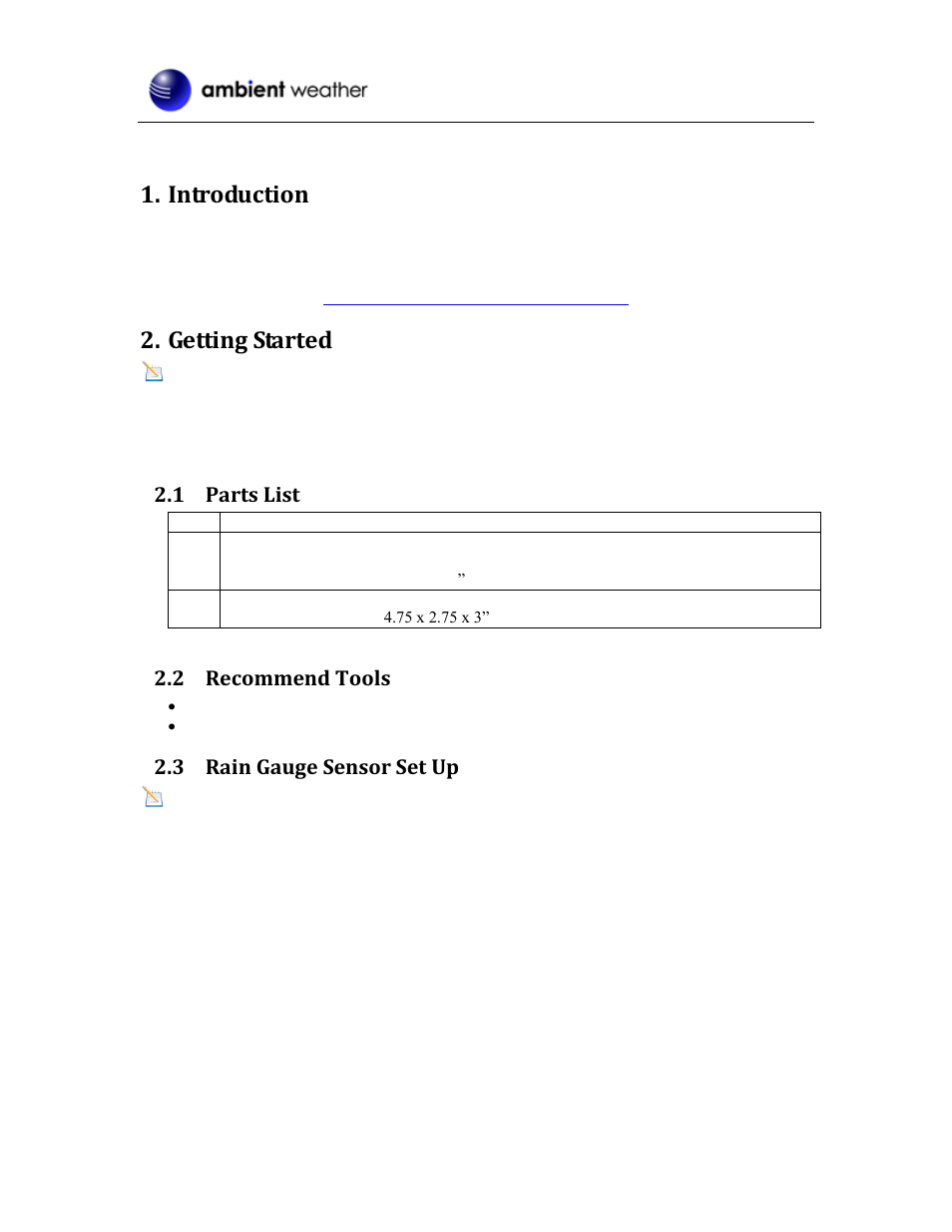 Introduction, Getting started, Parts list | Recommend tools, Rain gauge sensor set up, 1 parts list, 2 recommend tools, 3 rain gauge sensor set up | Ambient Devices WS-0202 User Manual | Page 2 / 8