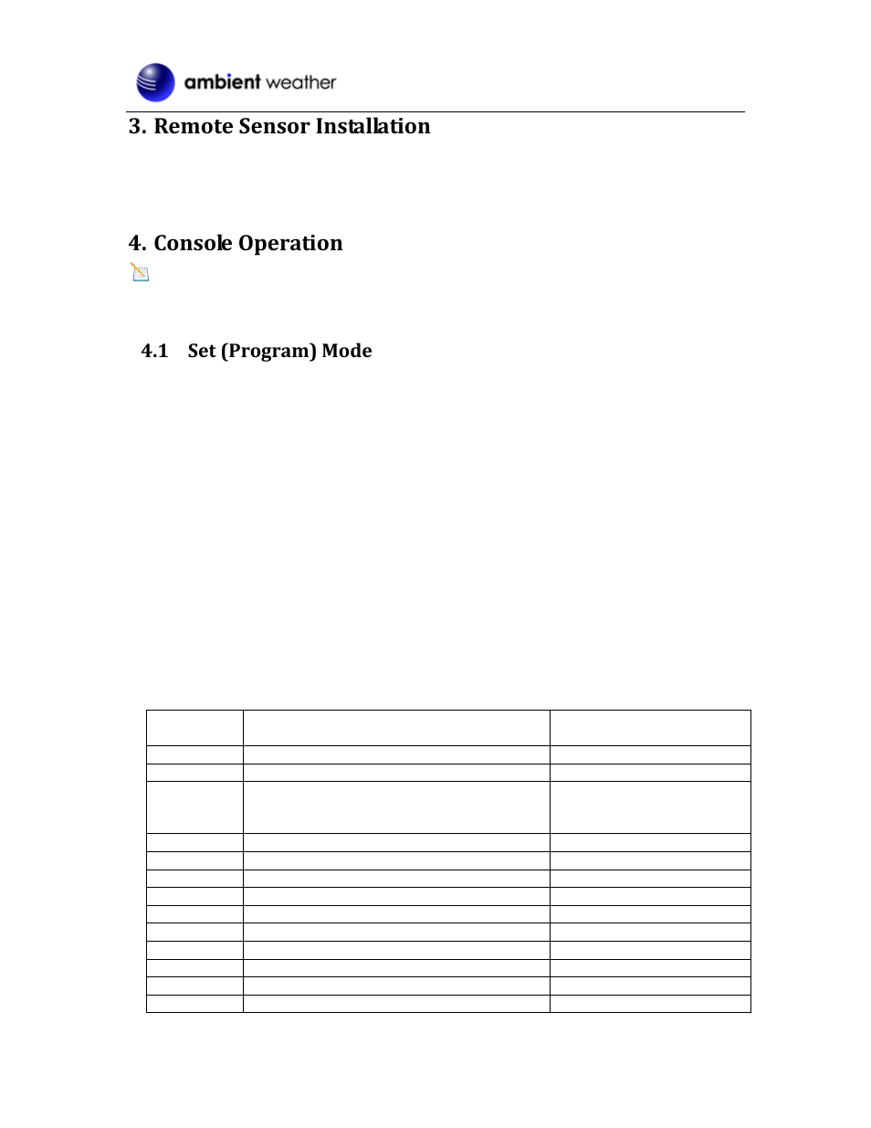 Remote sensor installation, Console operation, Set (program) mode | 1 set (program) mode | Ambient Devices WS-0202 User Manual | Page 4 / 8