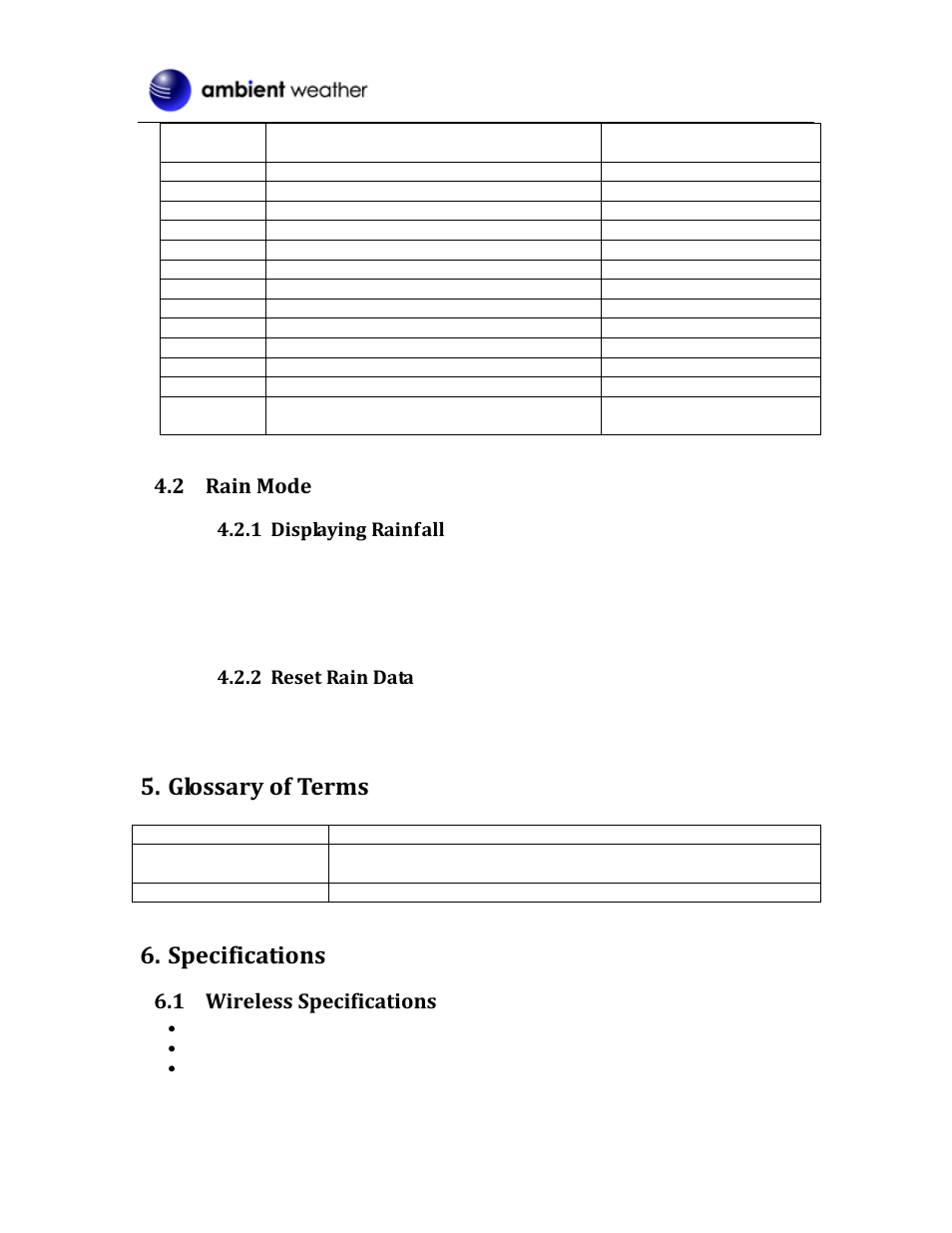 Rain mode, Displaying rainfall, Reset rain data | Glossary of terms, Specifications, Wireless specifications, 2 rain mode, 1 wireless specifications, 1 displaying rainfall, 2 reset rain data | Ambient Devices WS-0202 User Manual | Page 5 / 8