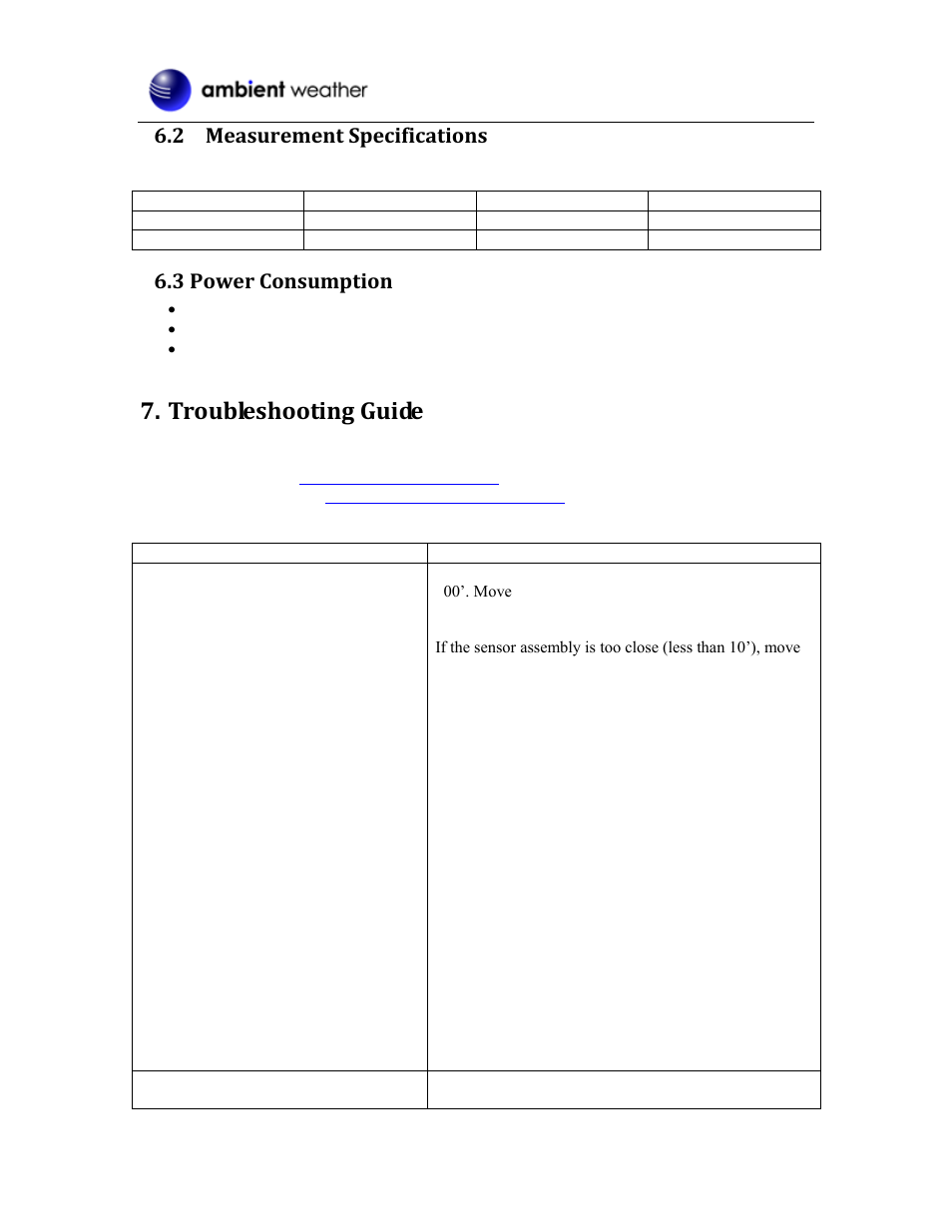 Measurement specifications, 3 power consumption, Troubleshooting guide | 2 measurement specifications | Ambient Devices WS-0202 User Manual | Page 6 / 8