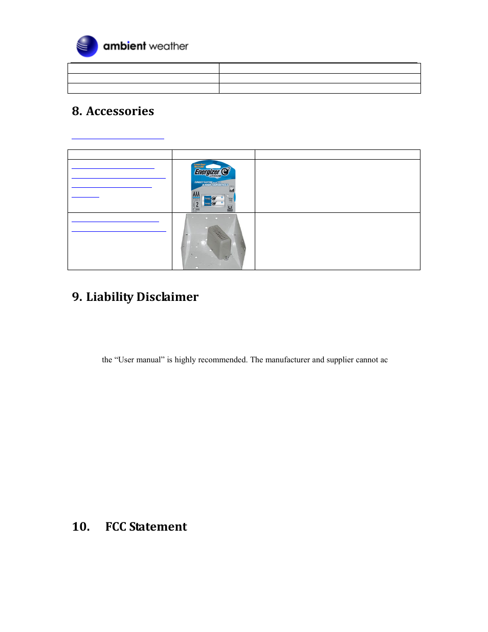 Accessories, Liability disclaimer, Fcc statement | Ambient Devices WS-0202 User Manual | Page 7 / 8