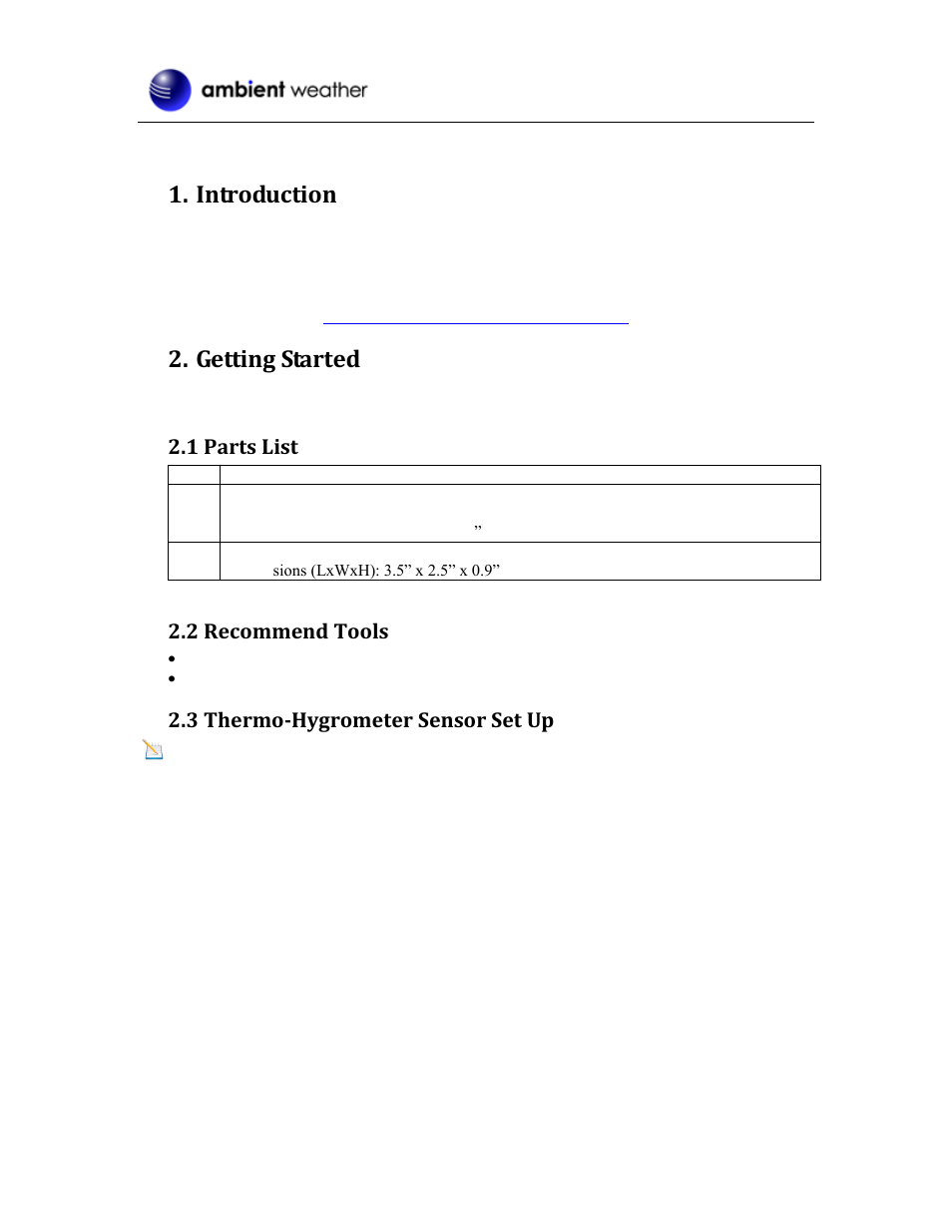 Introduction, Getting started, 1 parts list | 2 recommend tools, 3 thermo-hygrometer sensor set up | Ambient Devices WS-0100 User Manual | Page 2 / 9