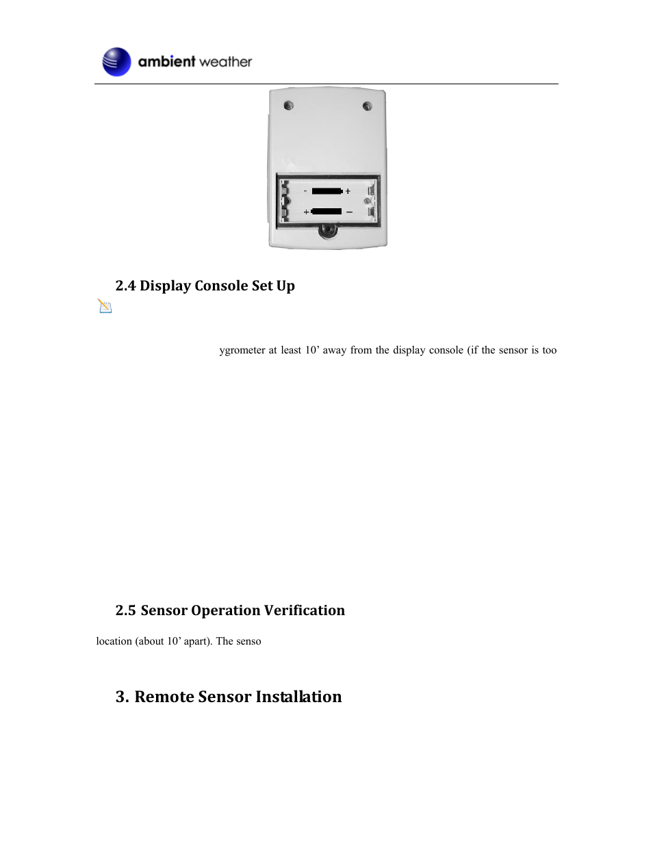 4 display console set up, Sensor operation verification, Remote sensor installation | 5 sensor operation verification | Ambient Devices WS-0100 User Manual | Page 3 / 9