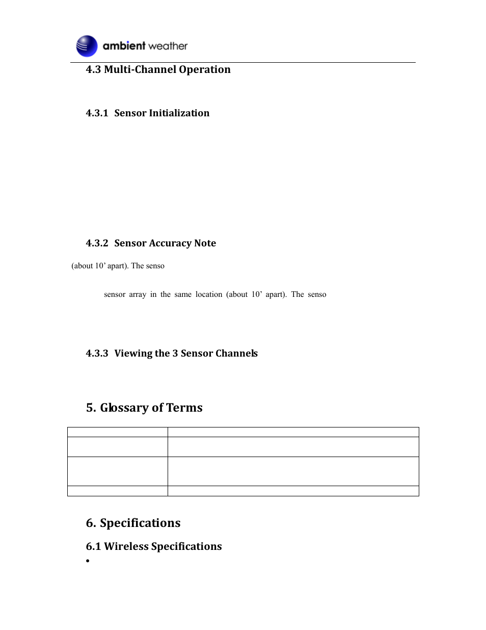 3 multi-channel operation, Sensor initialization, Sensor accuracy note | Viewing the 3 sensor channels, Glossary of terms, Specifications, 1 wireless specifications, 1 sensor initialization, 3 viewing the 3 sensor channels | Ambient Devices WS-0100 User Manual | Page 5 / 9