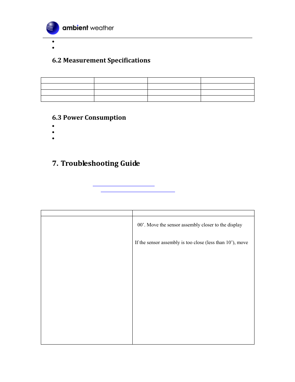 2 measurement specifications, 3 power consumption, Troubleshooting guide | Ambient Devices WS-0100 User Manual | Page 6 / 9