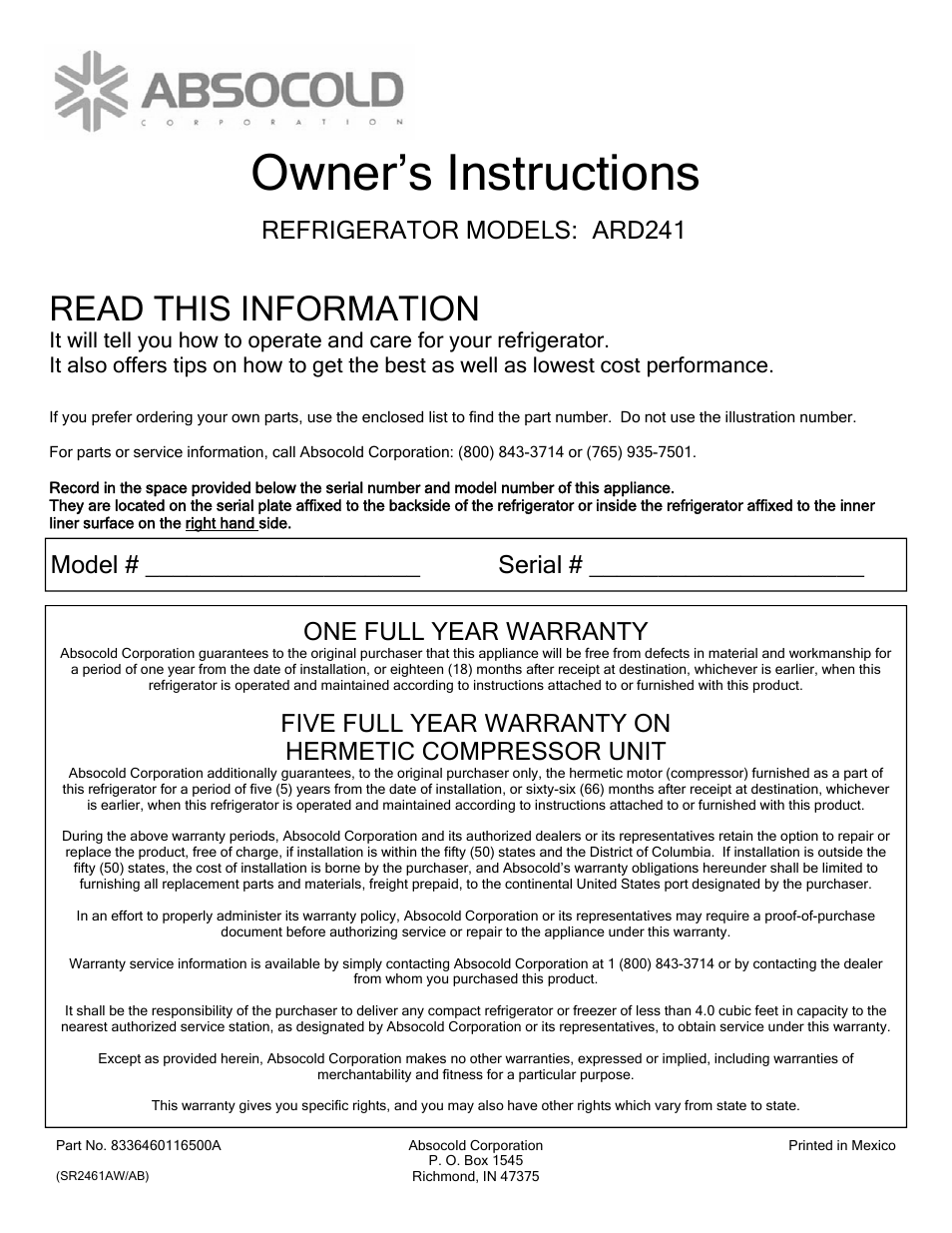 Absocold Corp ARD241 User Manual | 2 pages