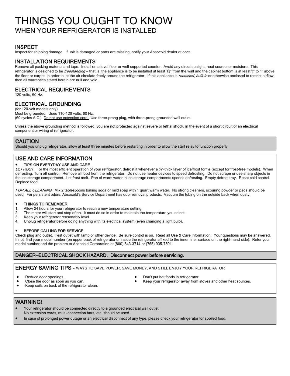 Things you ought to know, When your refrigerator is installed | Absocold Corp ARD241 User Manual | Page 2 / 2