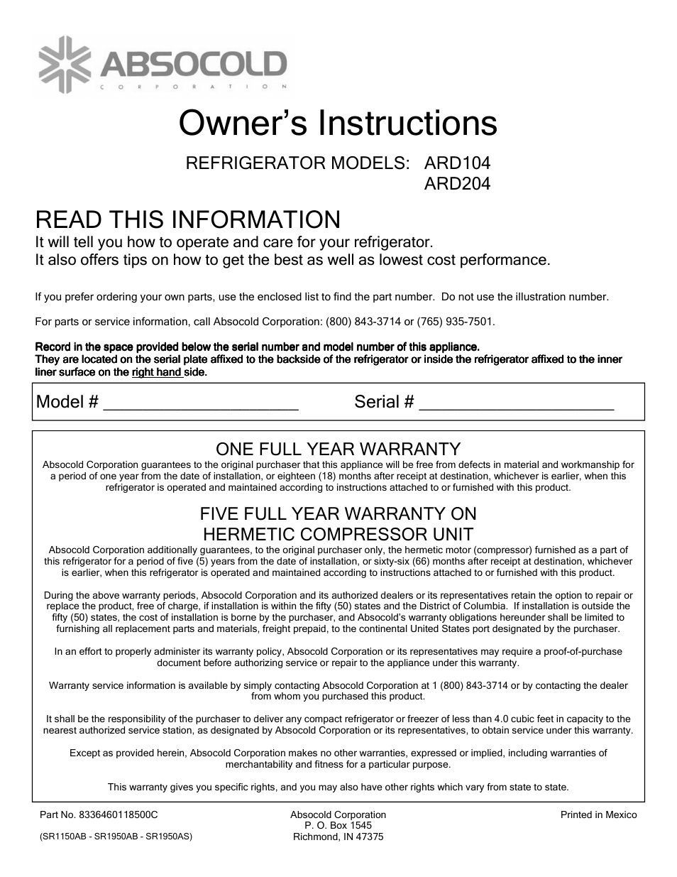 Absocold Corp ARD204 User Manual | 2 pages