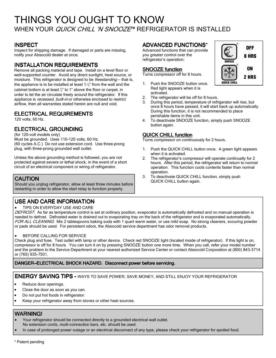 Things you ought to know, Inspect, Installation requirements | Electrical requirements, Electrical grounding, Advanced functions, Use and care information, Warning | Absocold Corp ARD204 User Manual | Page 2 / 2