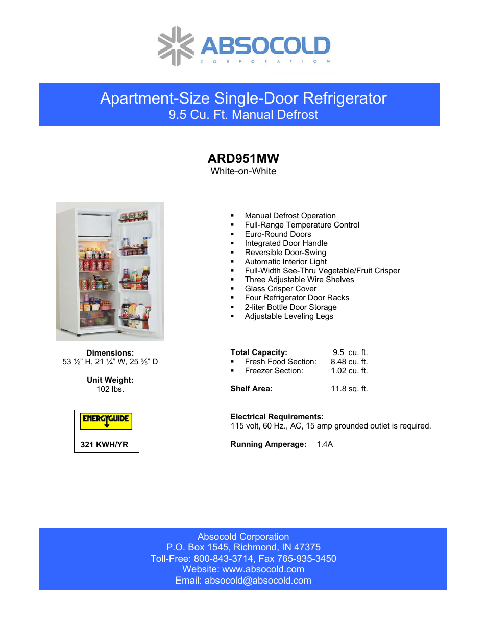 Absocold Corp ARD951MW User Manual | 1 page