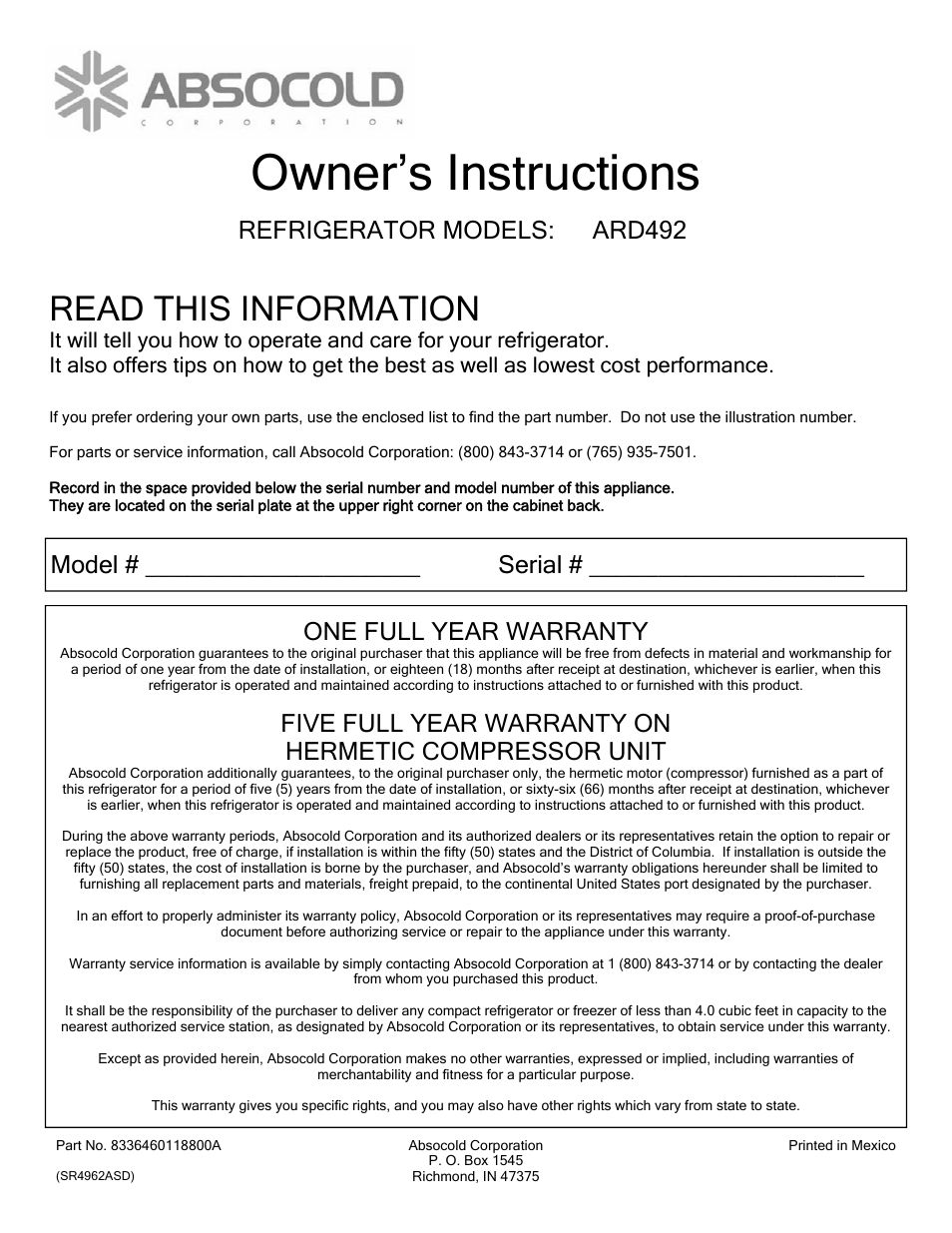 Absocold Corp ARD492 User Manual | 2 pages