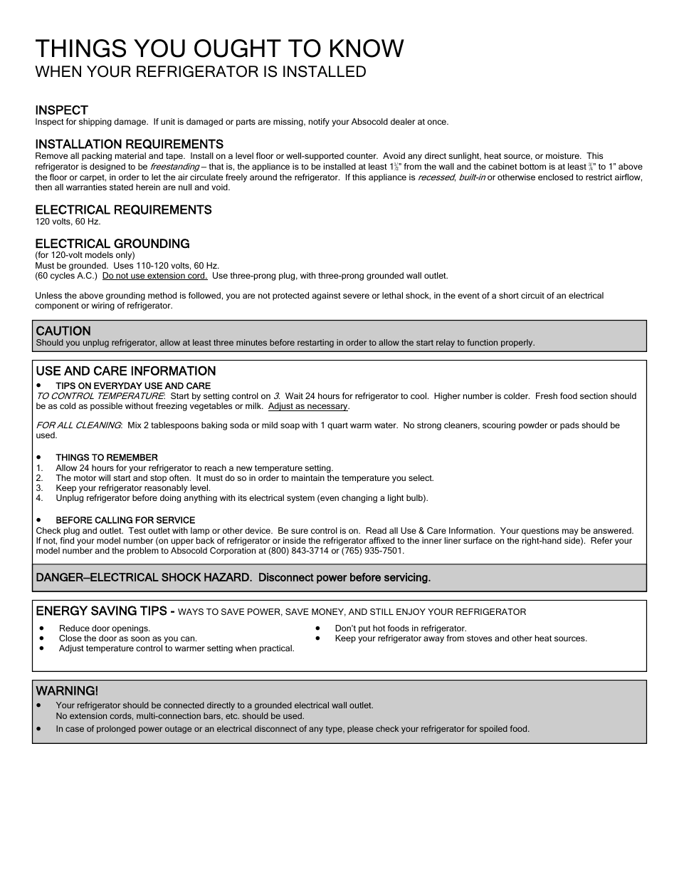 Things you ought to know, When your refrigerator is installed | Absocold Corp ARD492 User Manual | Page 2 / 2