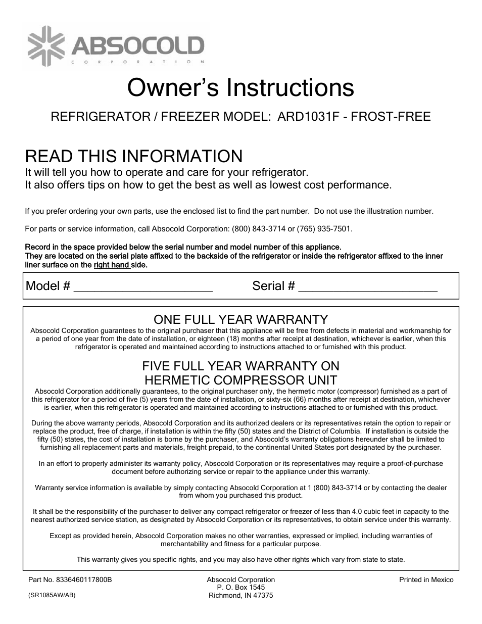 Absocold Corp ARD1031F User Manual | 2 pages