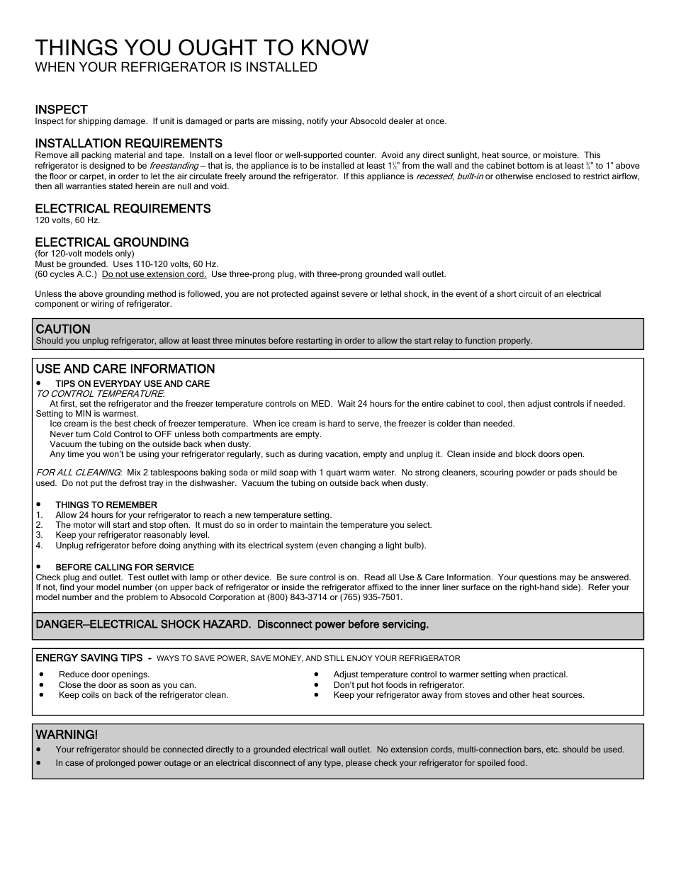 Things you ought to know, When your refrigerator is installed | Absocold Corp ARD1031F User Manual | Page 2 / 2