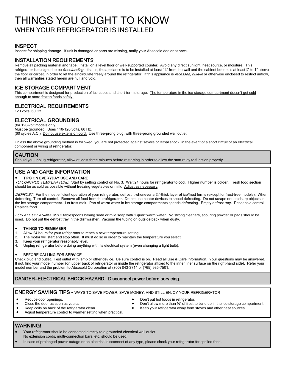 Things you ought to know, When your refrigerator is installed | Absocold Corp ARD251M User Manual | Page 2 / 2