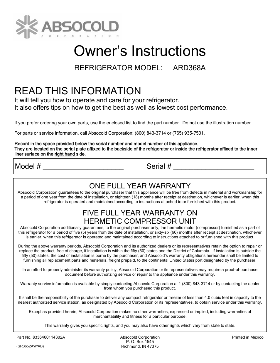 Absocold Corp ARD368A User Manual | 2 pages