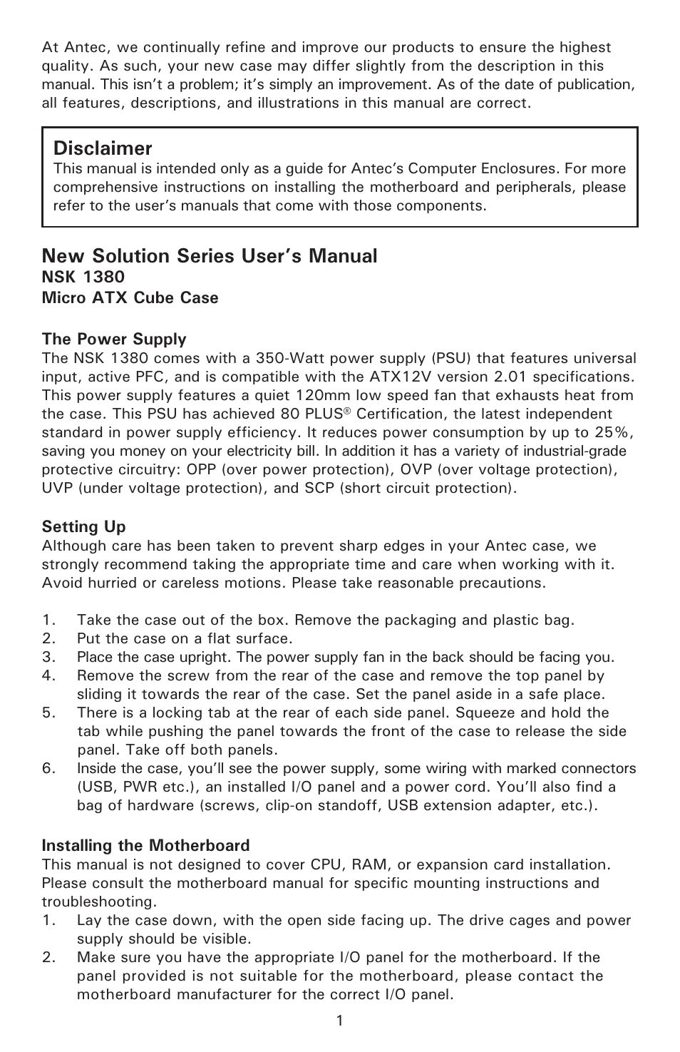 New solution series user’s manual, Disclaimer | Antec NEW SOLUTION NSK 1380 User Manual | Page 2 / 6