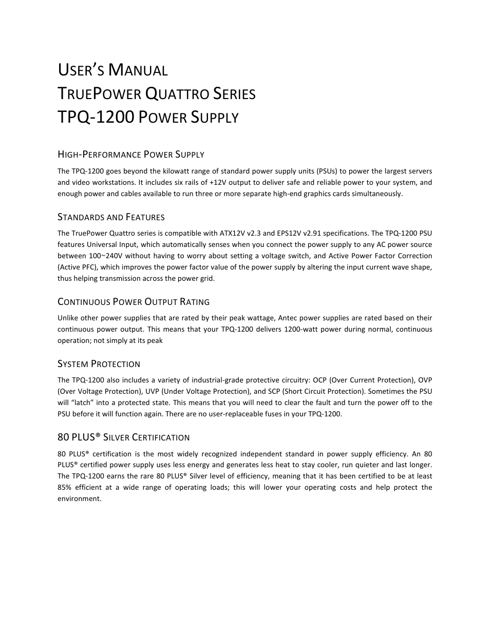 Tpq-1200, Anual, Ower | Uattro, Eries, Upply | Antec TRUEPOWER QUATTRO TPQ-1200 User Manual | Page 2 / 8