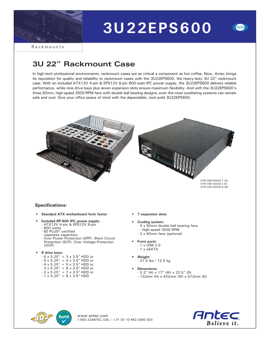 Antec 3U22EPS600 User Manual | 1 page