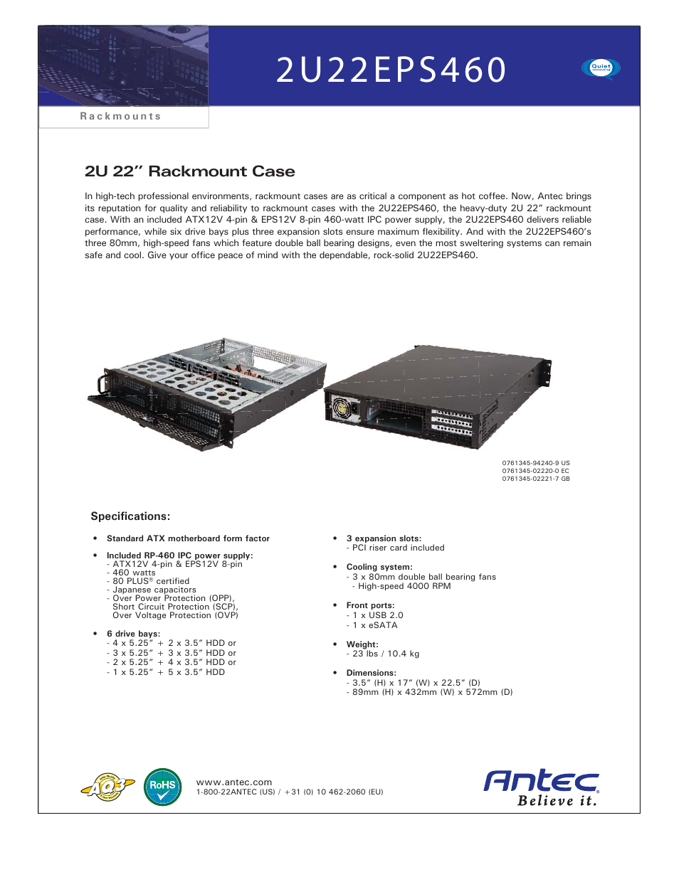 Antec 2U22EPS460 User Manual | 1 page