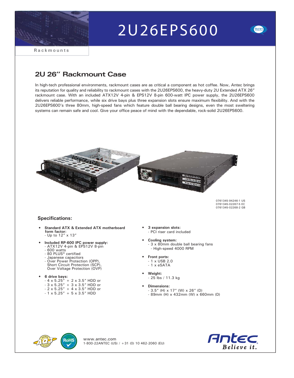 Antec 2U26EPS600 User Manual | 1 page