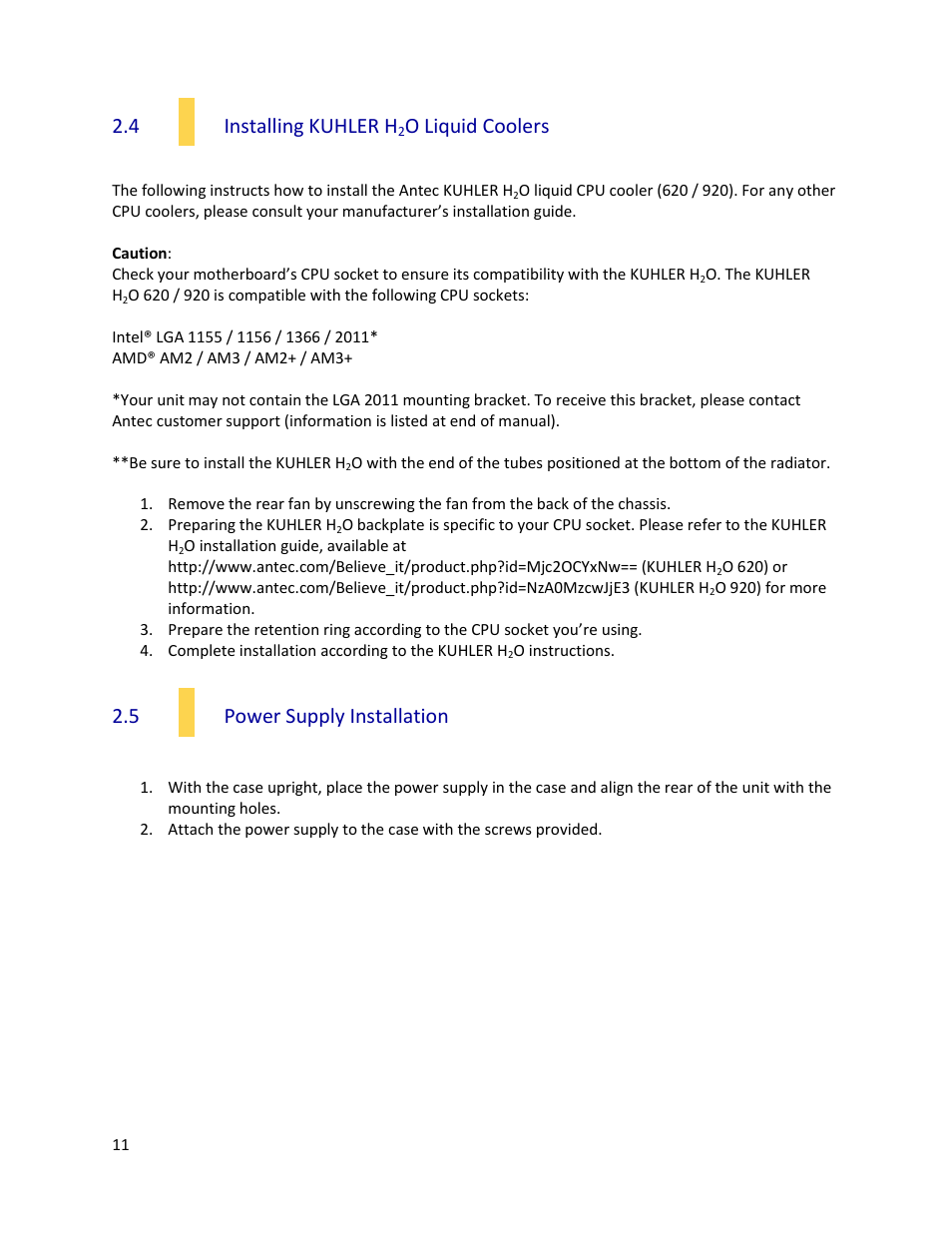 4 installing kuhler h, O liquid coolers, 5 power supply installation | Antec ONE S3 User Manual | Page 11 / 23