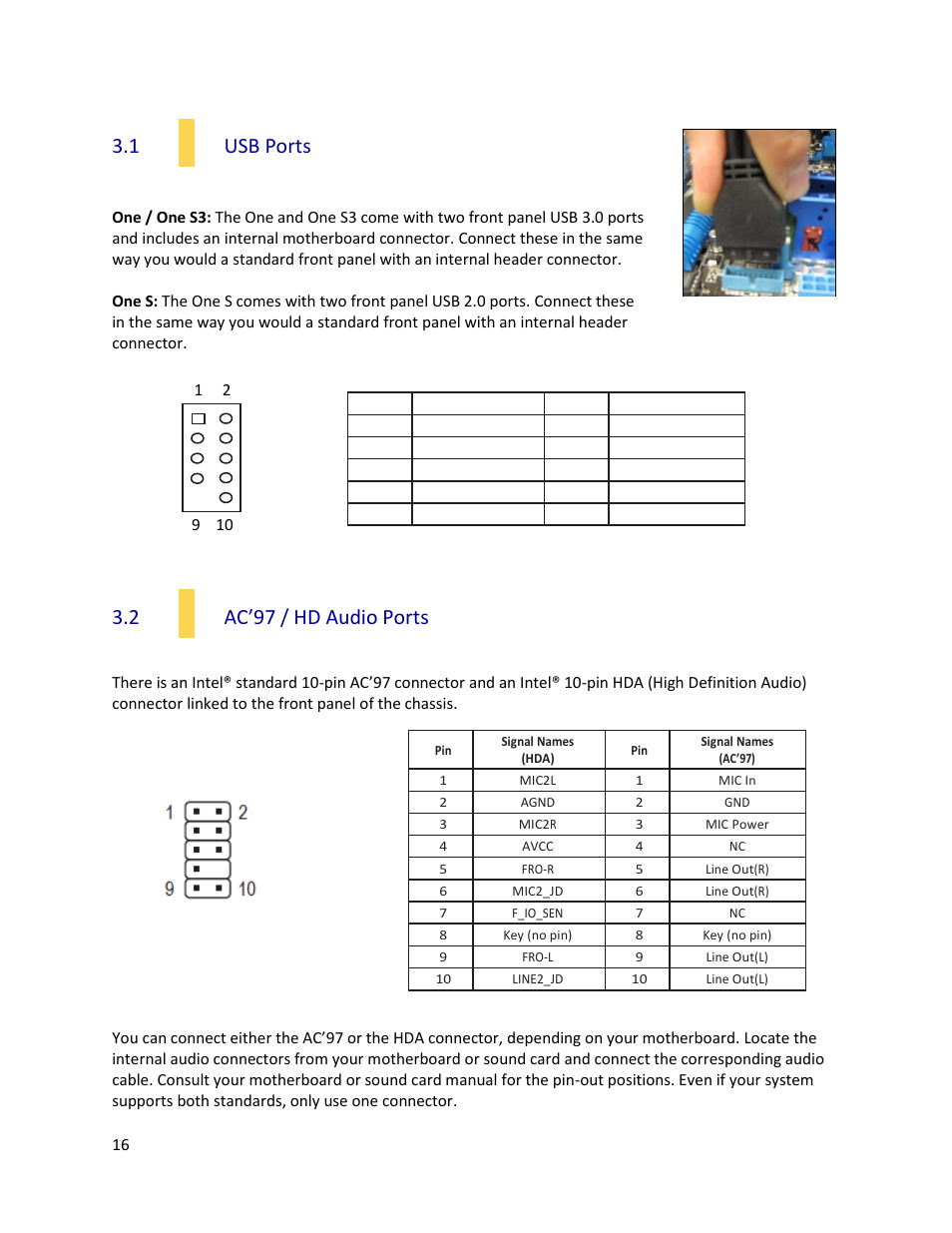 1 usb ports, 2 ac’97 / hd audio ports | Antec ONE S3 User Manual | Page 16 / 23