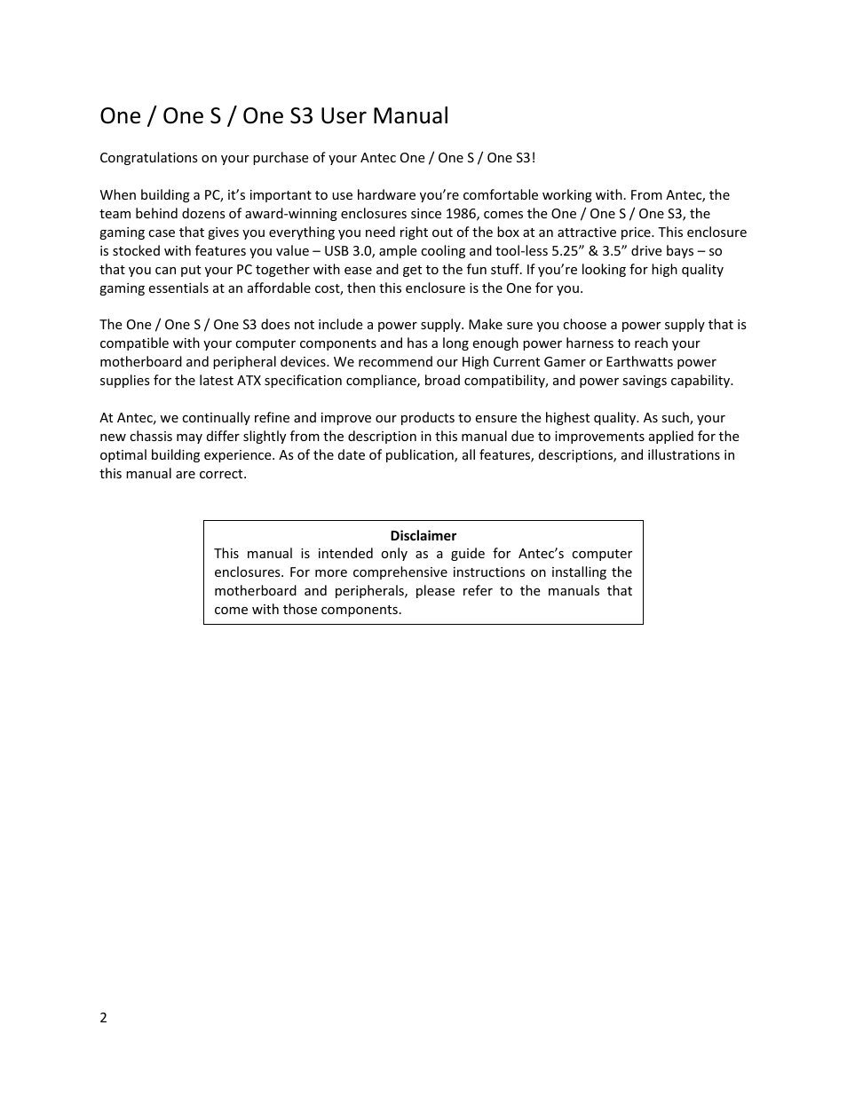 One / one s / one s3 user manual | Antec ONE S3 User Manual | Page 2 / 23
