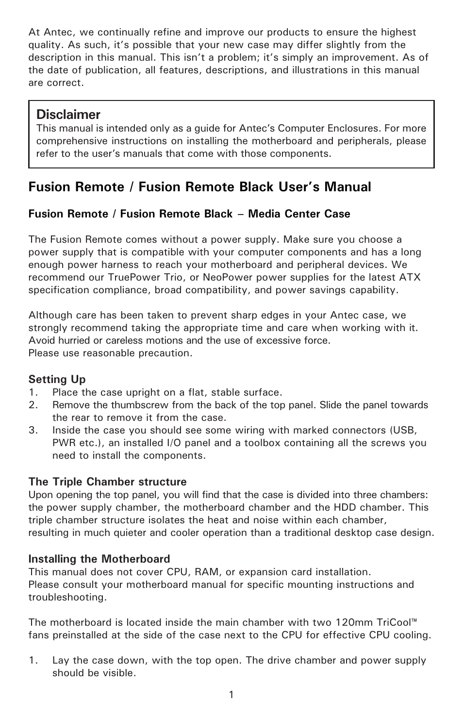 Fusion remote / fusion remote black user’s manual, Disclaimer | Antec Veris Fusion Remote Black User Manual | Page 2 / 10