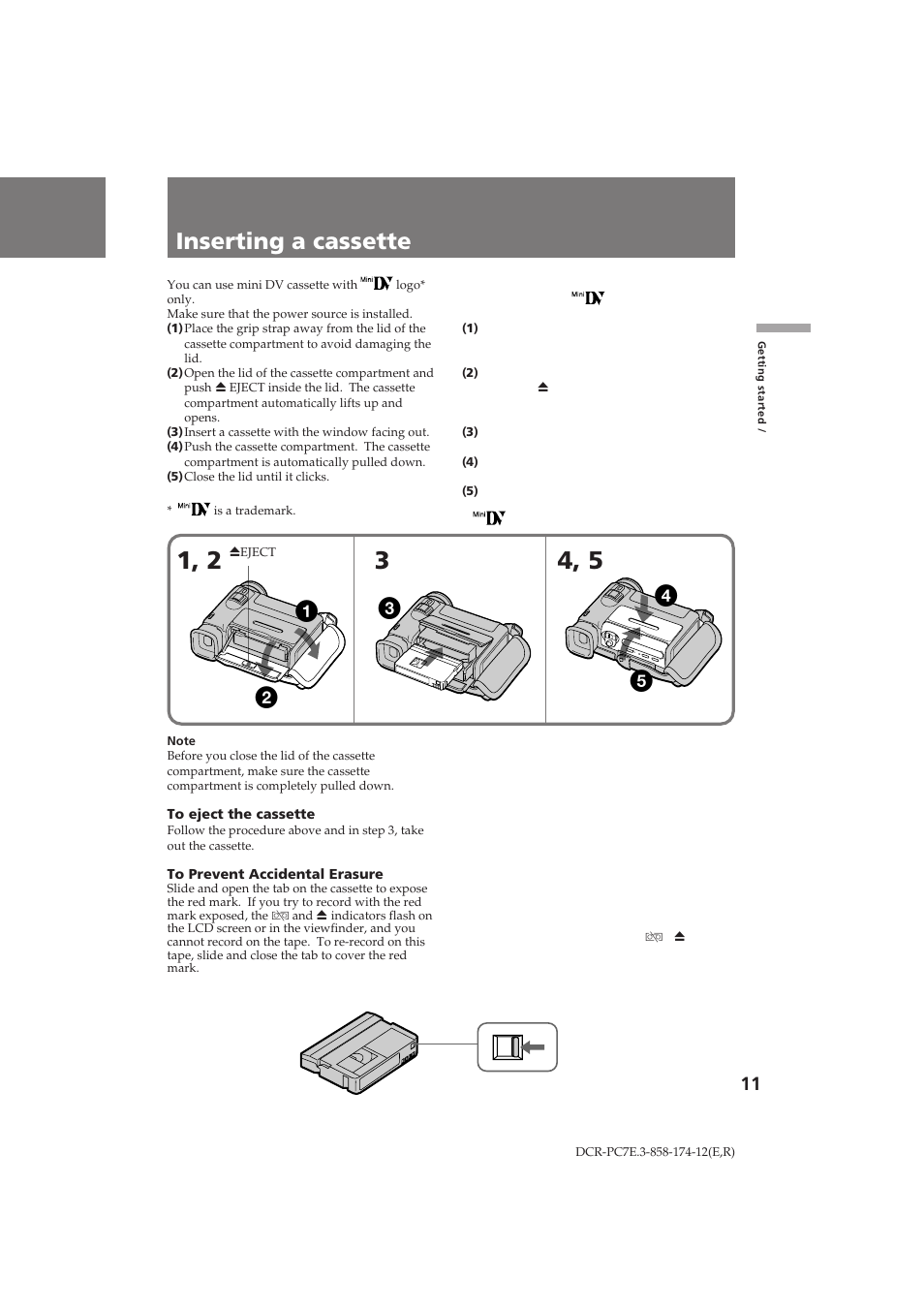 Inserting a cassette, Зтъ‡‚н‡ н‡ттвъ | Sony DCR-PC7E User Manual | Page 11 / 92