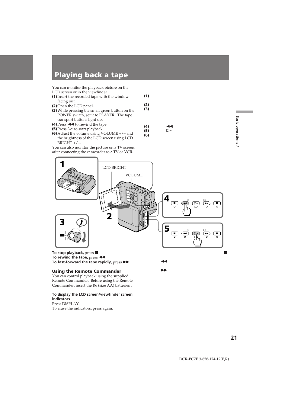 Playing back a tape | Sony DCR-PC7E User Manual | Page 21 / 92