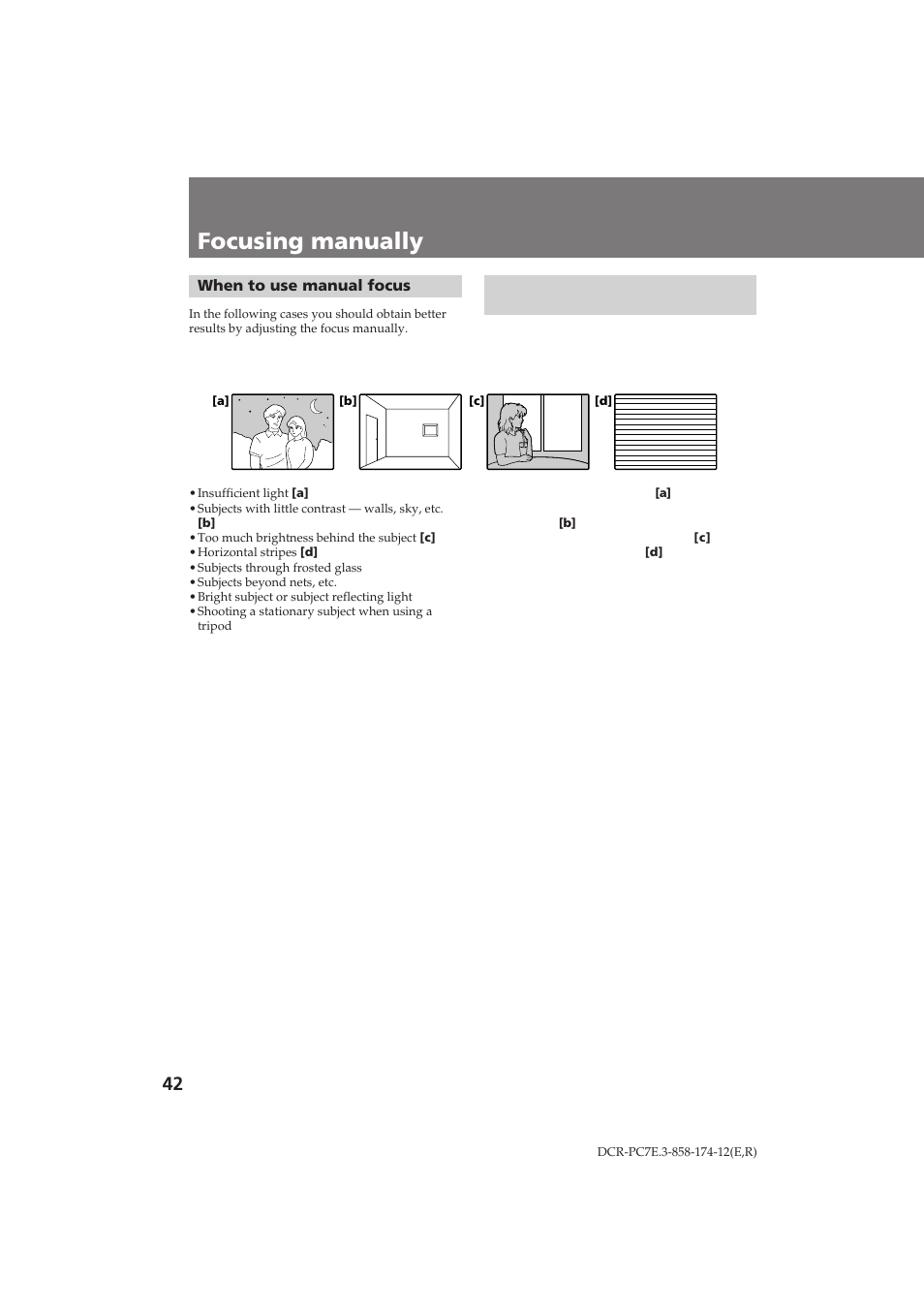 Focusing manually, Кы˜м‡fl щунытл у‚н | Sony DCR-PC7E User Manual | Page 42 / 92