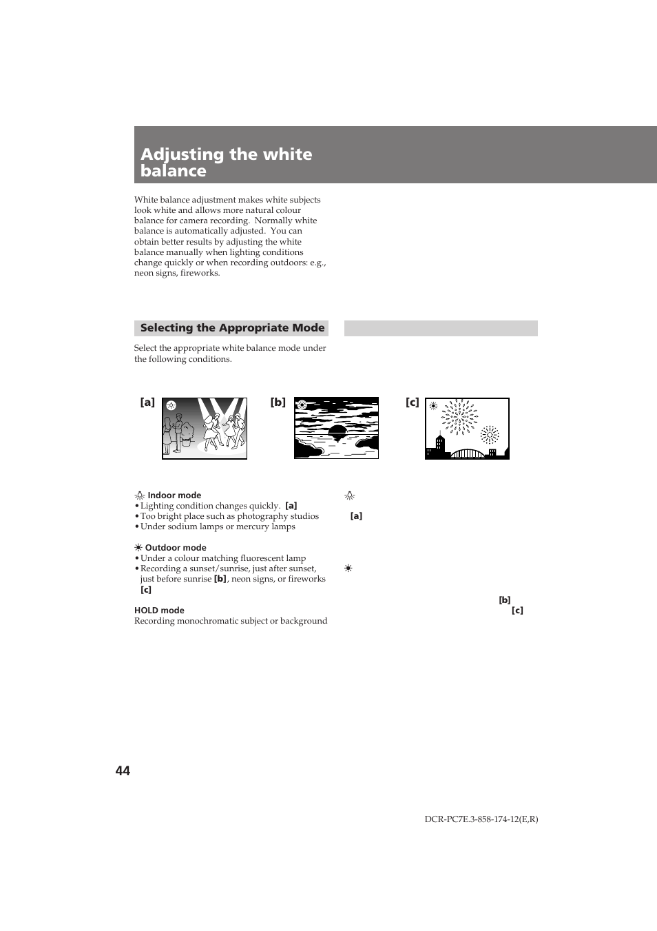 Adjusting the white balance, Кв„ыол у‚н‡ ·‡о‡мт‡ ·воу„у | Sony DCR-PC7E User Manual | Page 44 / 92