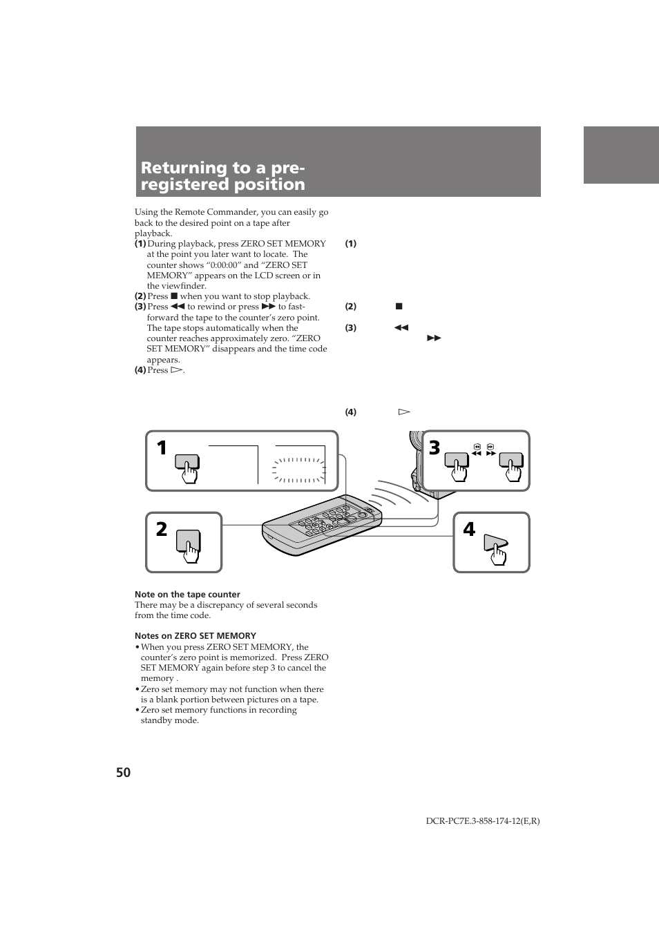 Returning to a pre- registered position | Sony DCR-PC7E User Manual | Page 50 / 92