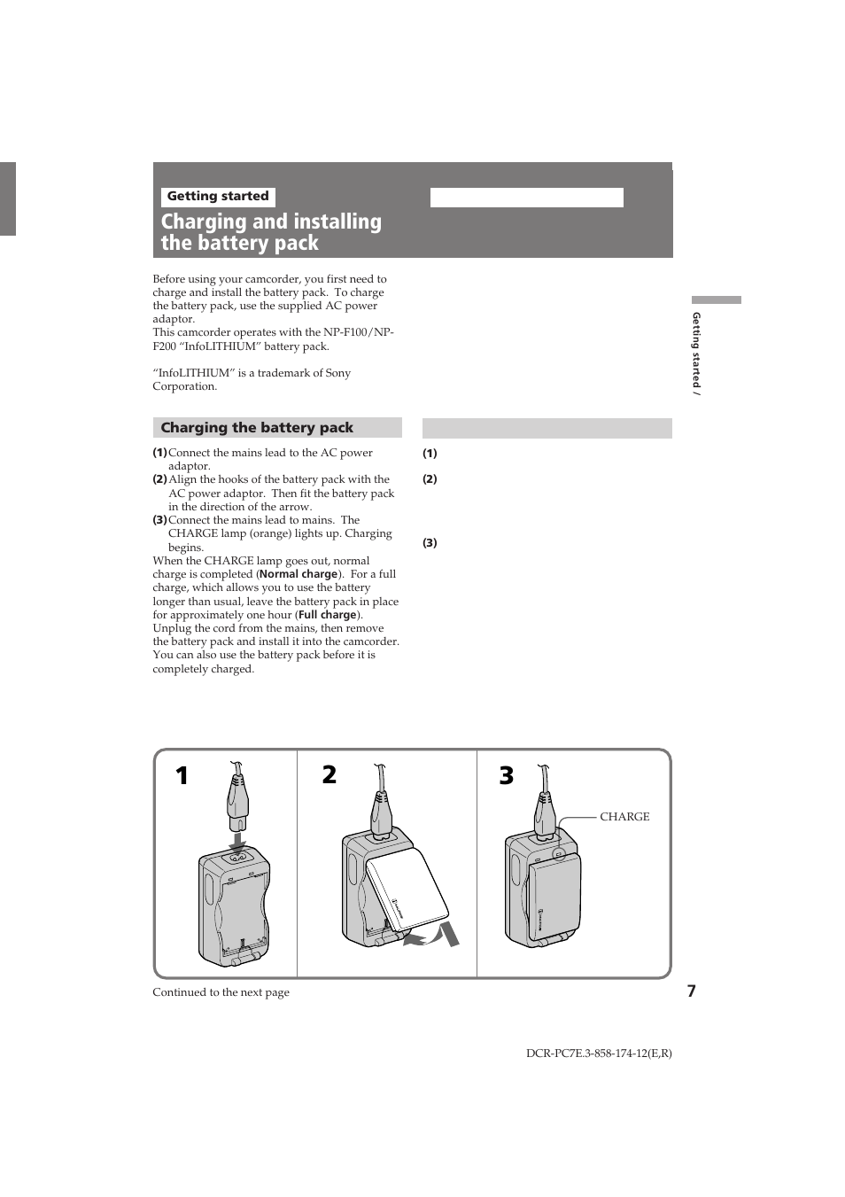 Charging and installing the battery pack, Б‡ fl‰н‡ л ытъ‡му‚н‡ ·‡ъ‡ виму„у ·оун | Sony DCR-PC7E User Manual | Page 7 / 92