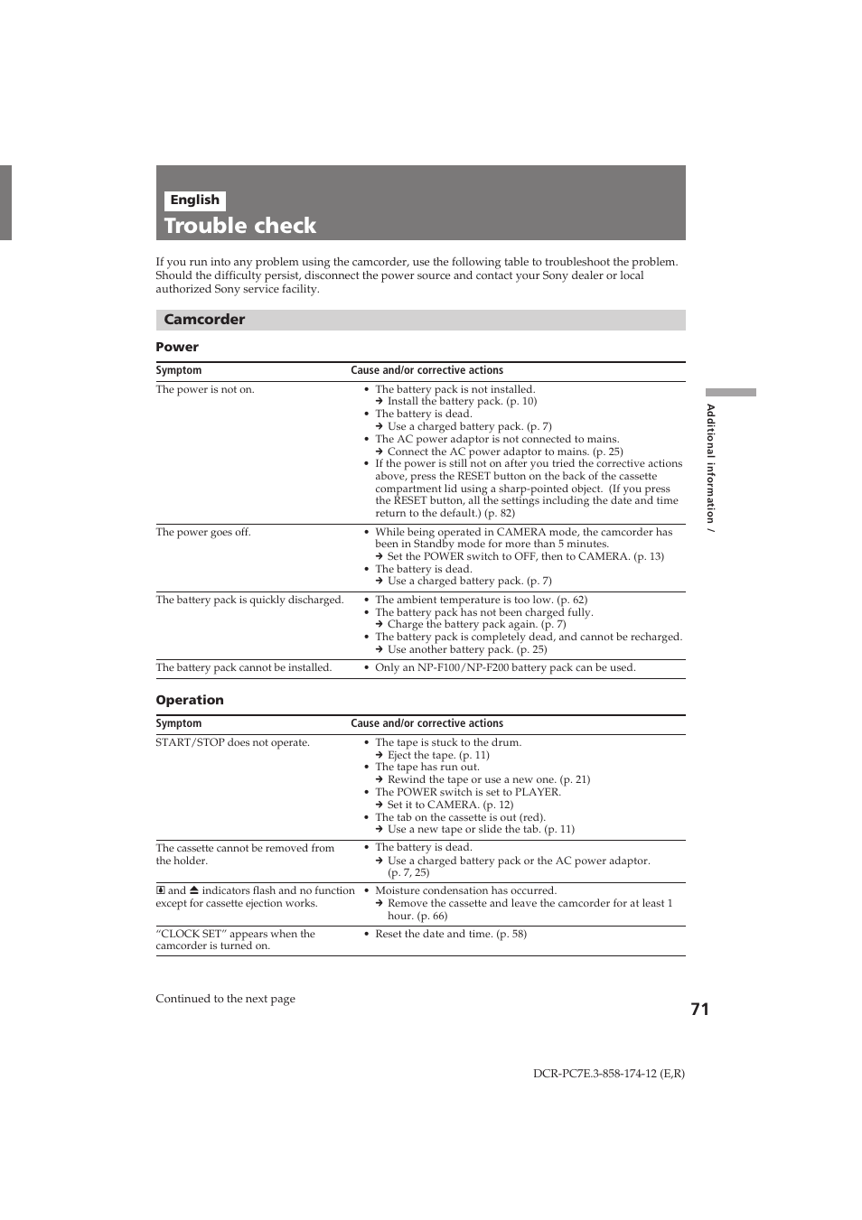 Trouble check, Camcorder | Sony DCR-PC7E User Manual | Page 71 / 92