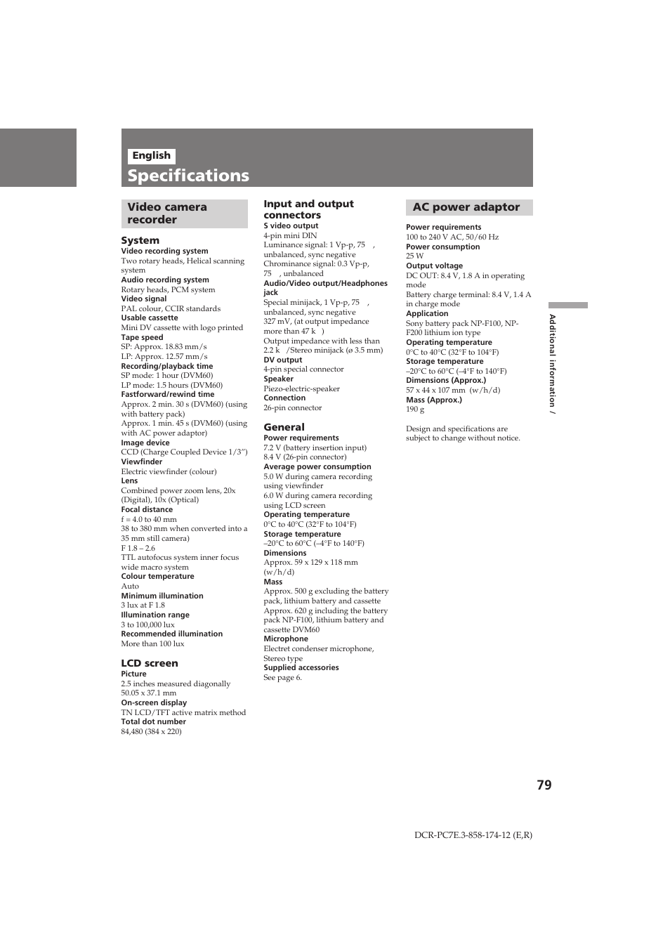 Specifications, Video camera recorder, Ac power adaptor | Sony DCR-PC7E User Manual | Page 79 / 92