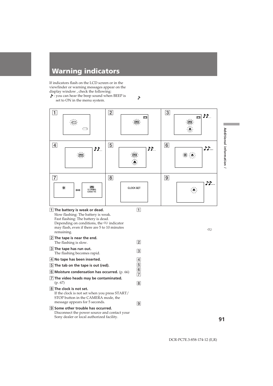 Warning indicators и в‰ыф вк‰‡˛˘лв лм‰лн‡ъу | Sony DCR-PC7E User Manual | Page 91 / 92
