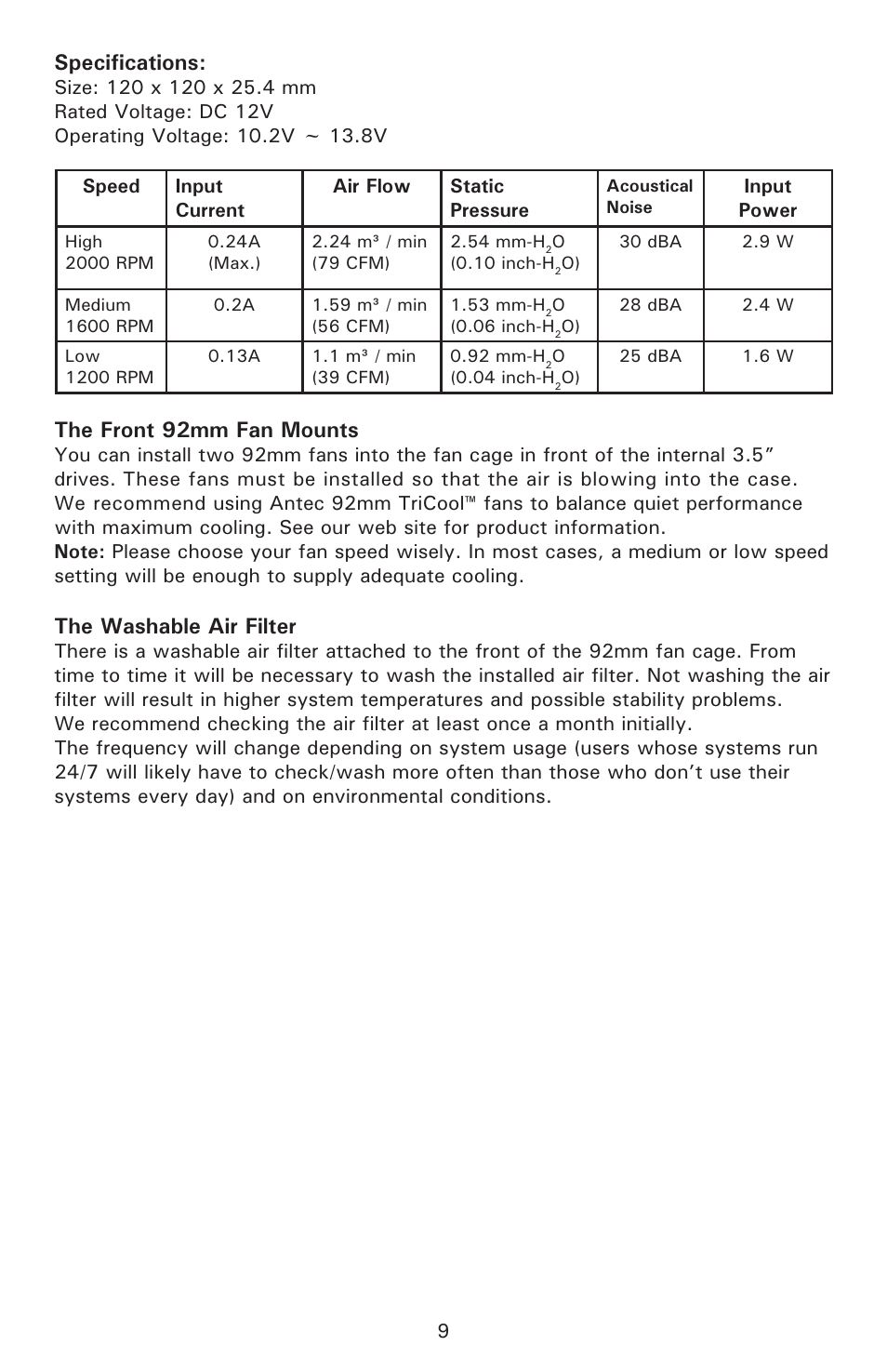 Specifications, The front 92mm fan mounts, The washable air filter | Antec Sonata Solo White User Manual | Page 10 / 11