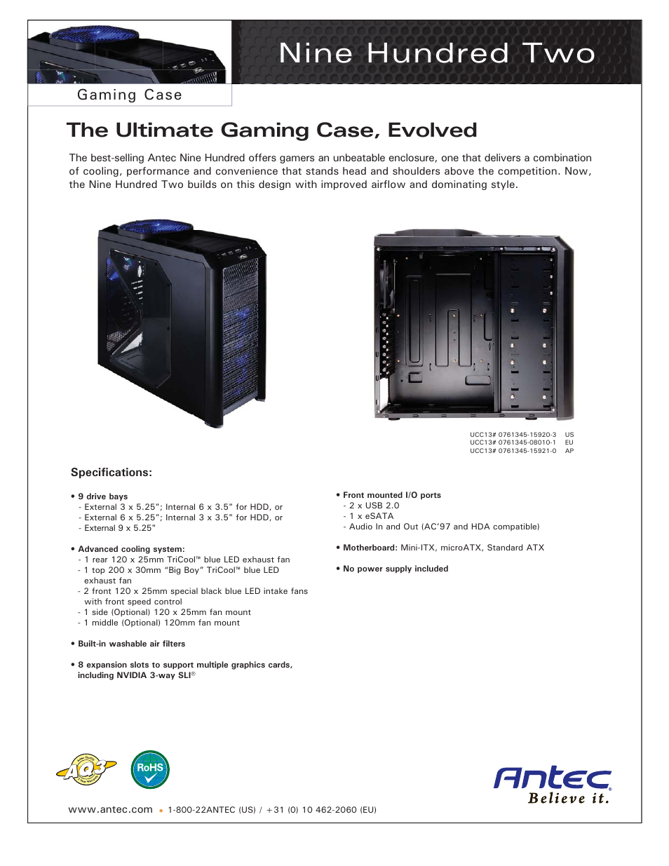 Antec Nine Hundred Two UCC13# 0761345-15920-3 US User Manual | 1 page