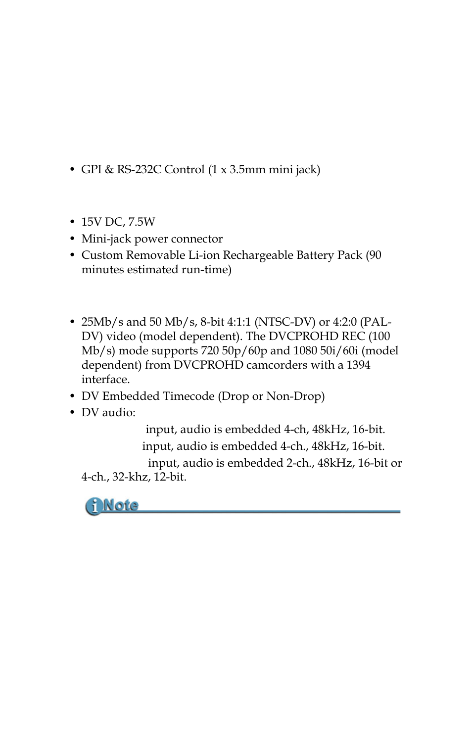 Power, Audio/video/timecode specification, Power audio/video/timecode specification | Panasonic FS-100 User Manual | Page 124 / 154