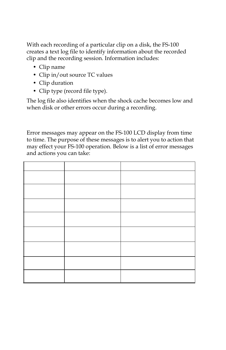 Log files, Error messages, Log files error messages | Panasonic FS-100 User Manual | Page 126 / 154