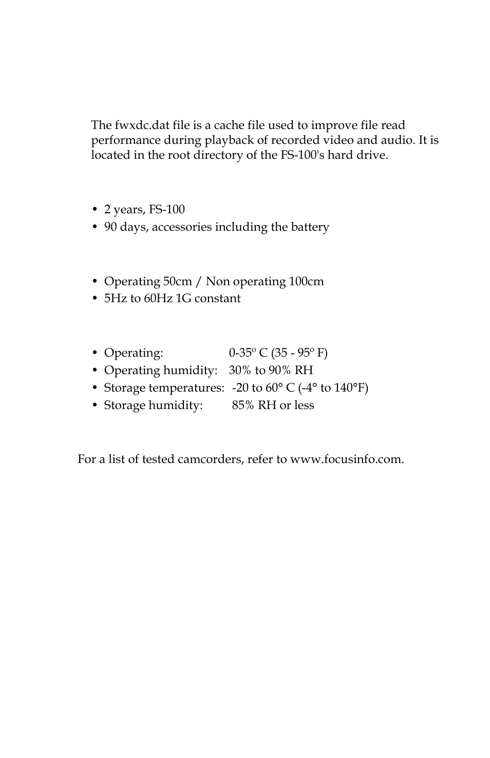 Miscellaneous files, Fwxdc.dat, Warranty | Shock and vibration, Temperature, Compatible camcorders and accessories | Panasonic FS-100 User Manual | Page 127 / 154
