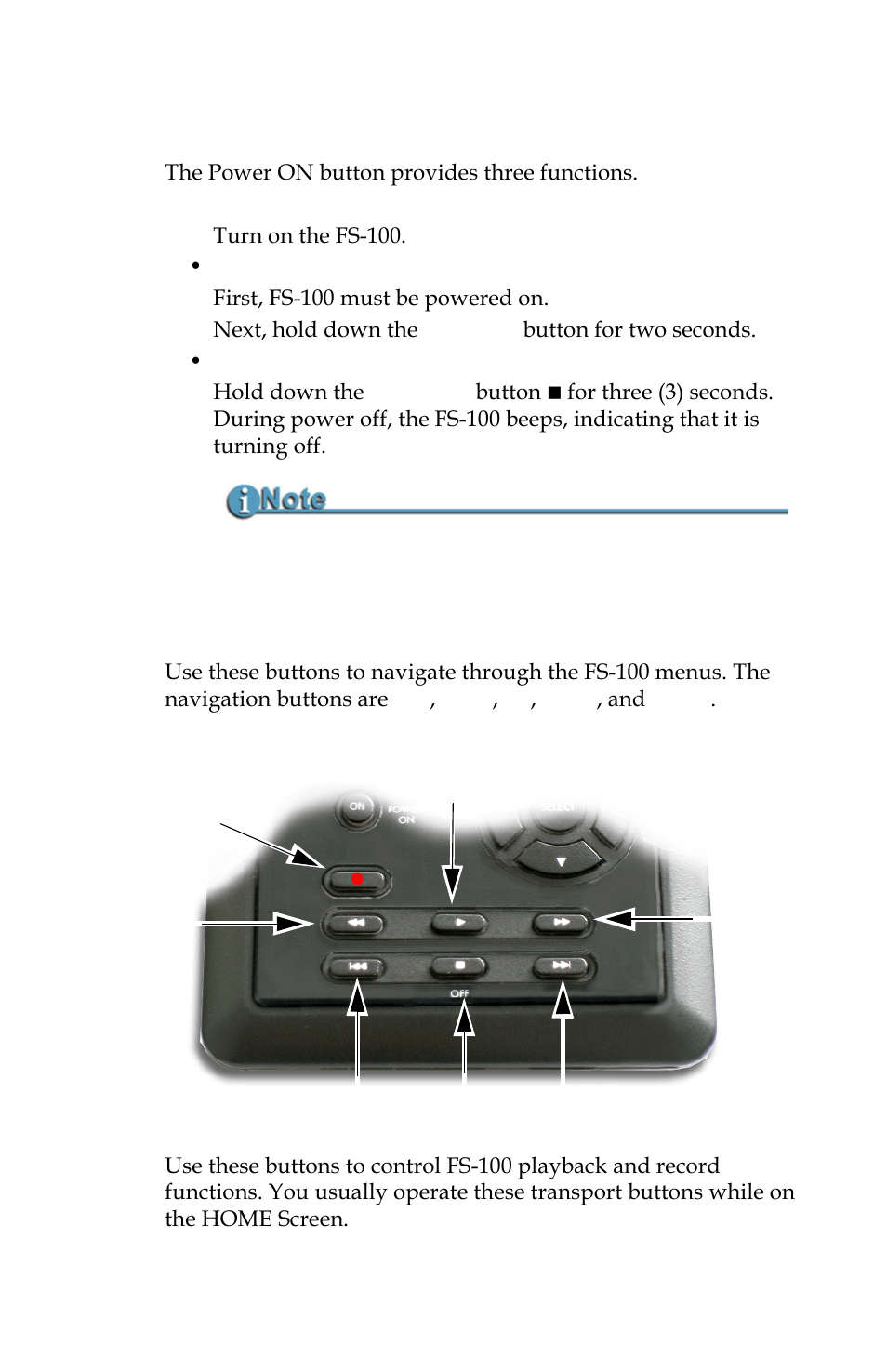 Power on button, Navigation buttons, Transport control buttons | Panasonic FS-100 User Manual | Page 25 / 154