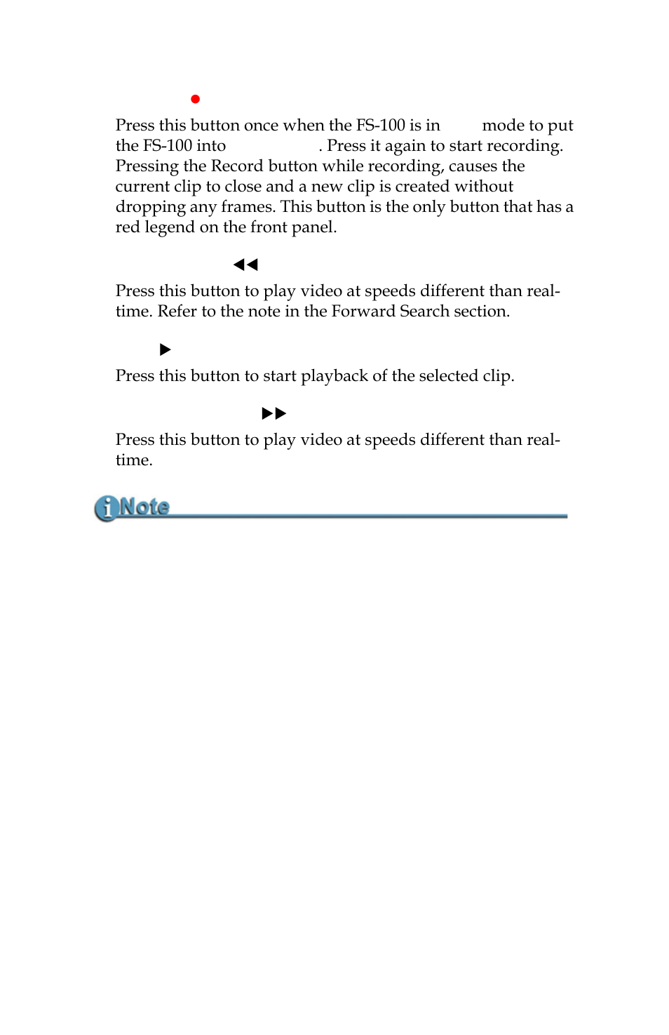 Record, Back search, Play | Forward search, Record back search play forward search | Panasonic FS-100 User Manual | Page 26 / 154