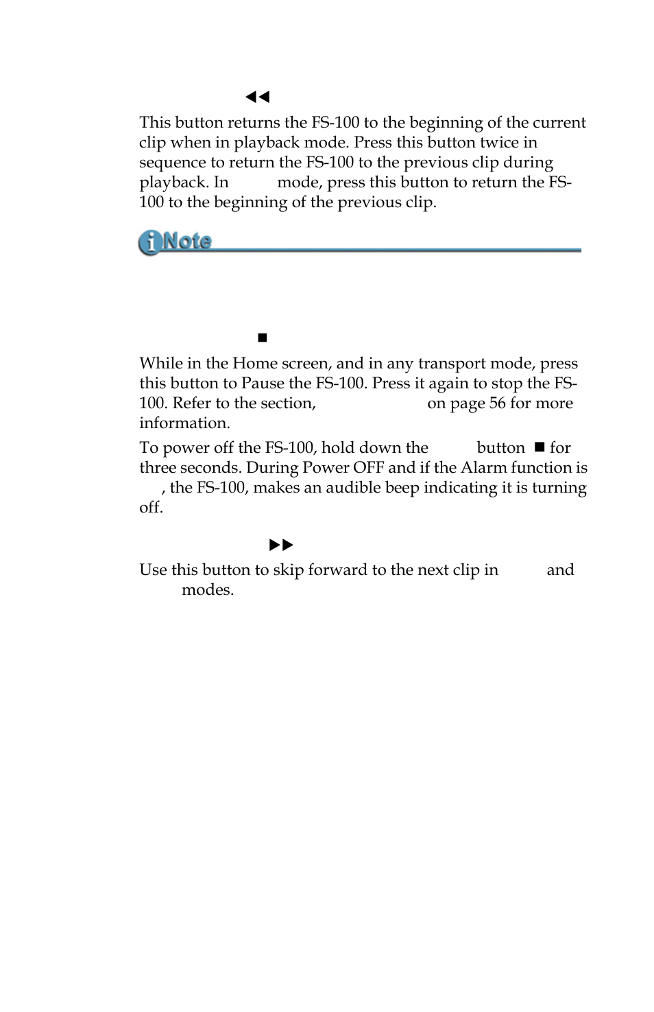 Back index, Pause, stop and power off, Forward index | Back index pause, stop and power off forward index | Panasonic FS-100 User Manual | Page 27 / 154